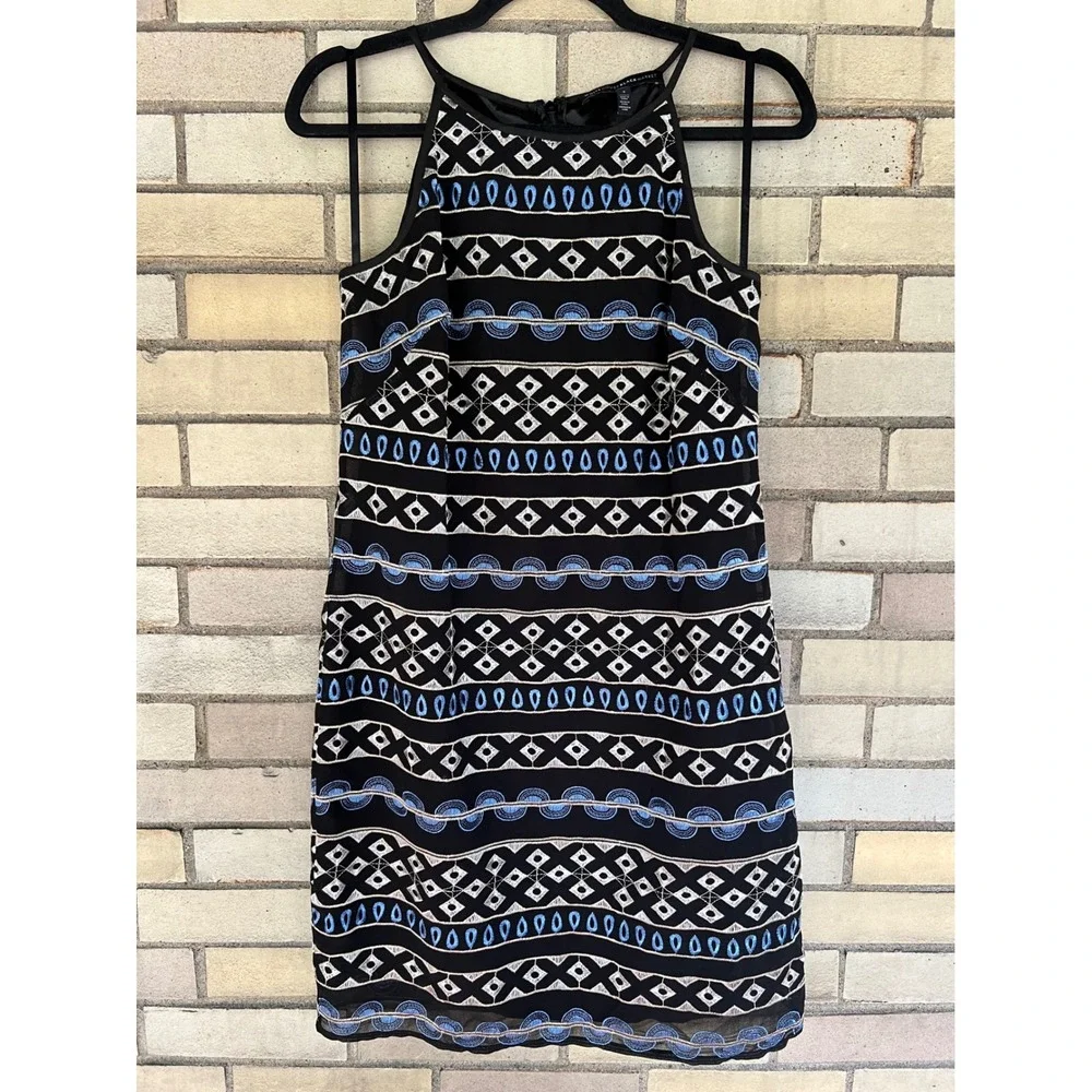 White House Black Market Embroidered Halter Sheath Dress Black Blue Size 4 Small - Picture 1 of 5